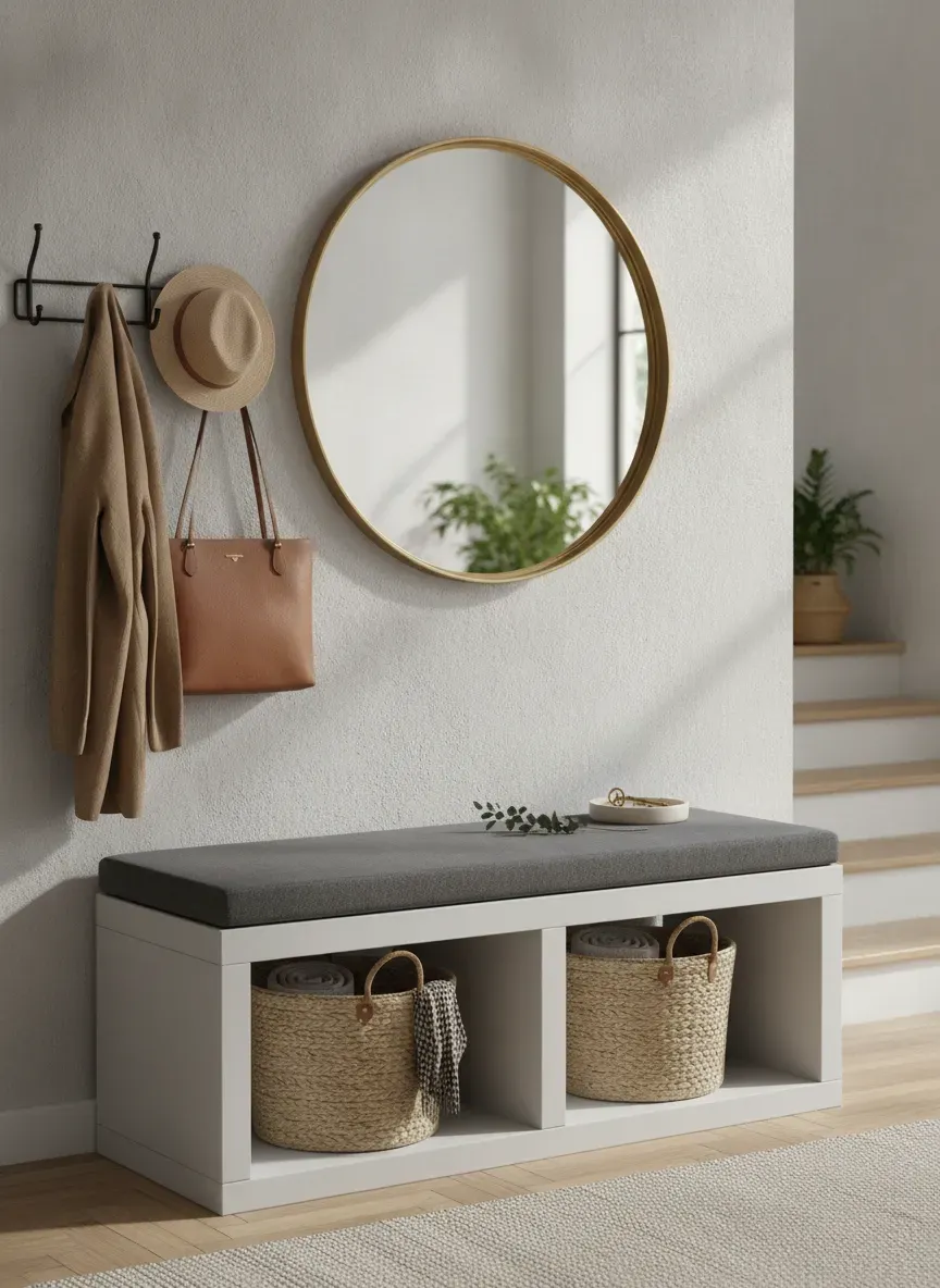 A beautifully organized entryway with a styled storage bench, mirror, and coat hooks