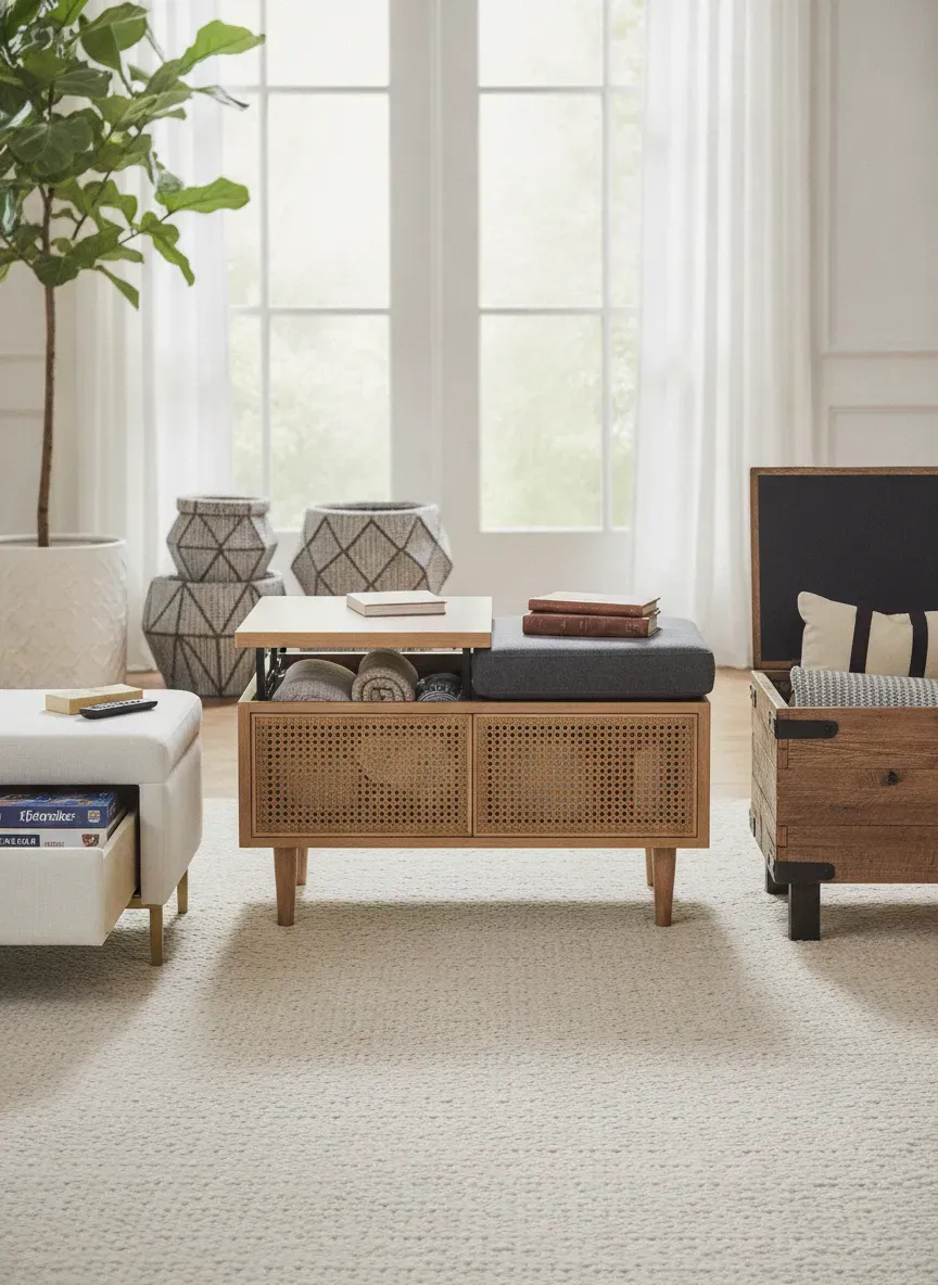 A rectangular wooden storage bench with a lift-up lid and woven baskets inside, tucked beside a coat rack in a tidy entryway