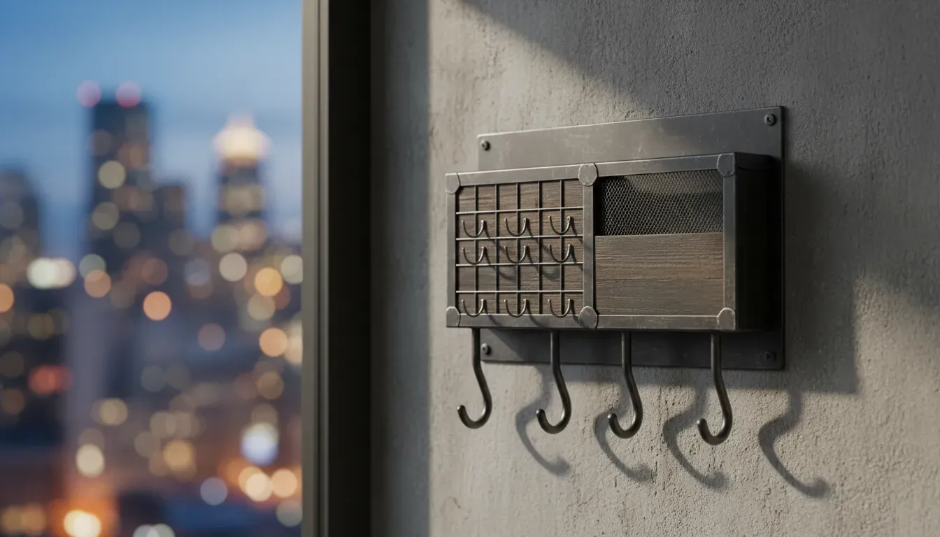 Industrial metal key rack with mail sorter and coat hooks