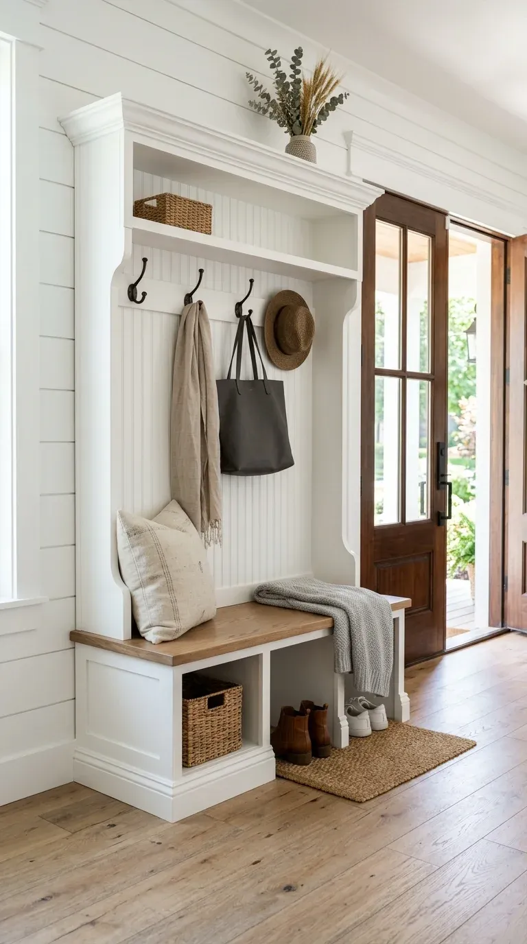 A bright, modern farmhouse entryway featuring a tall white hall tree with beadboard detailing, oil-rubbed bronze hooks, and a built-in bench styled with a neutral throw pillow