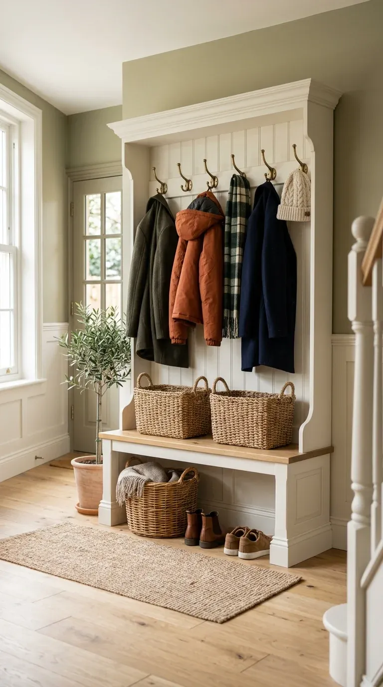 A beautifully styled cottage-style off-white hall tree with brass hardware, holding winter coats and woven wicker storage baskets