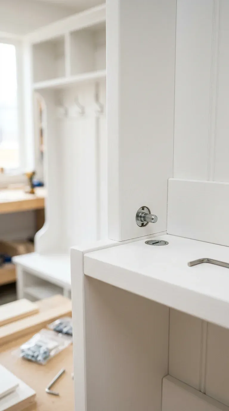 A close-up of a white wooden hall tree's cam-lock joinery and backboard paneling showing precise hardware tolerances during assembly