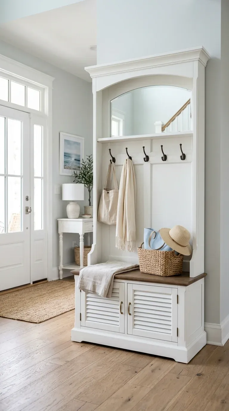 Elegant white coastal-style hall tree with louvered cabinet doors under the storage bench, standing in a naturally lit foyer