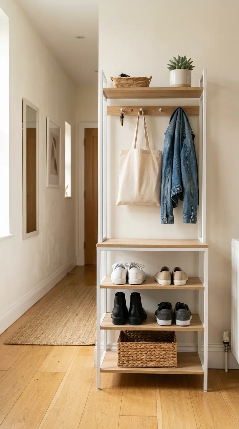 A minimalist white metal frame hall tree with light oak laminate shelves showcasing shoe storage layout in a compact urban apartment hallway