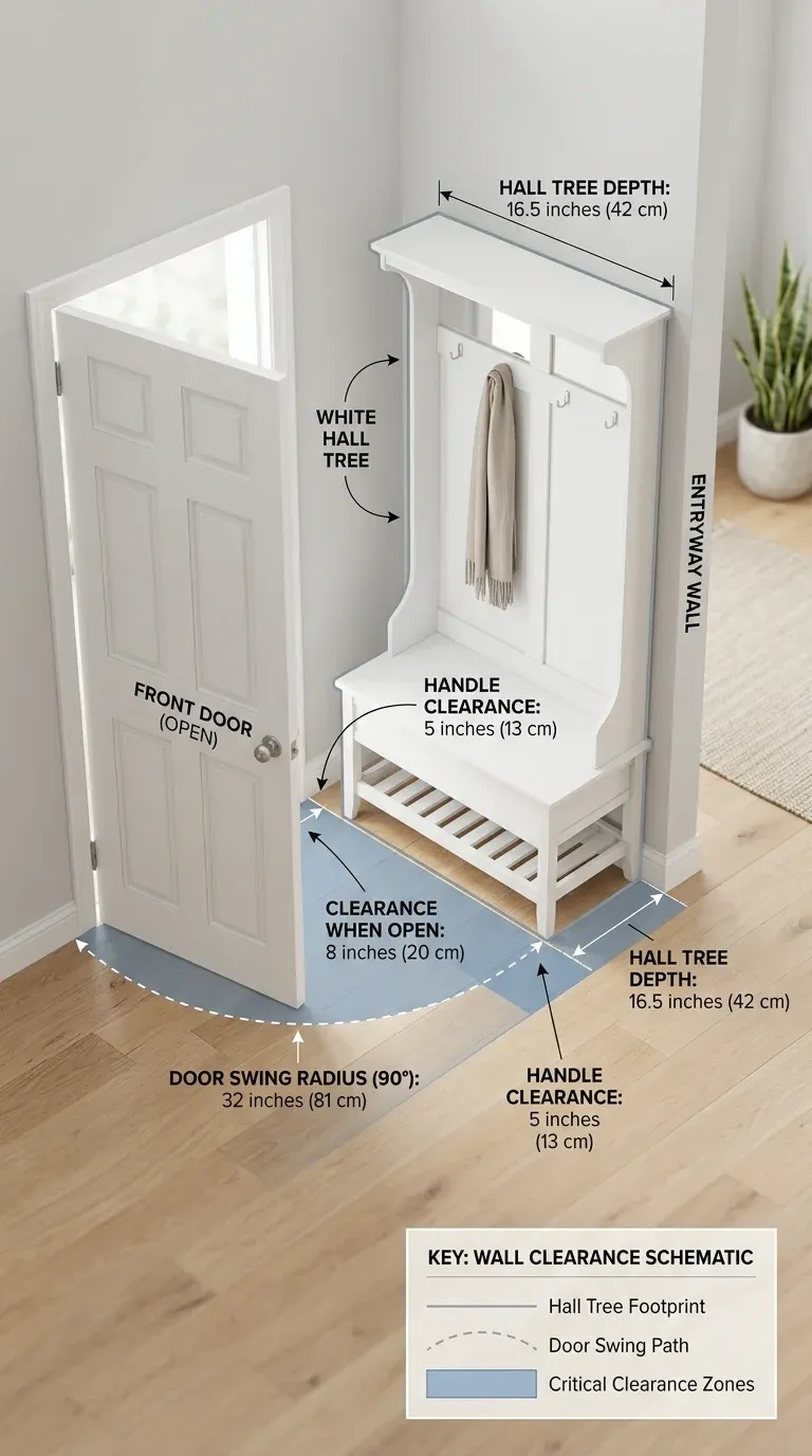 Detailed schematic of entryway wall clearances showing a white hall tree's depth compared to an open front door's swing radius