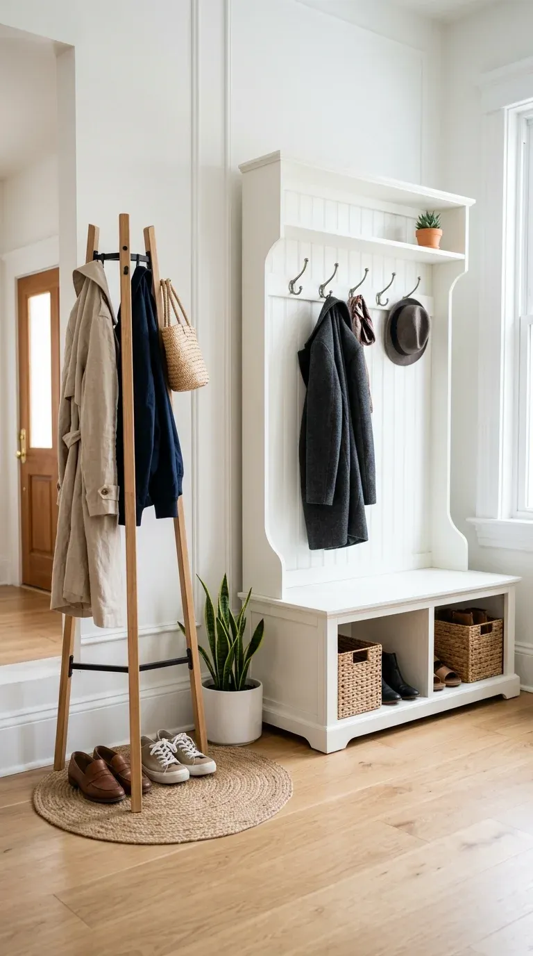 An entryway comparison setup featuring a minimalist coat rack on the left and a full-scale white hall tree with bench storage on the right