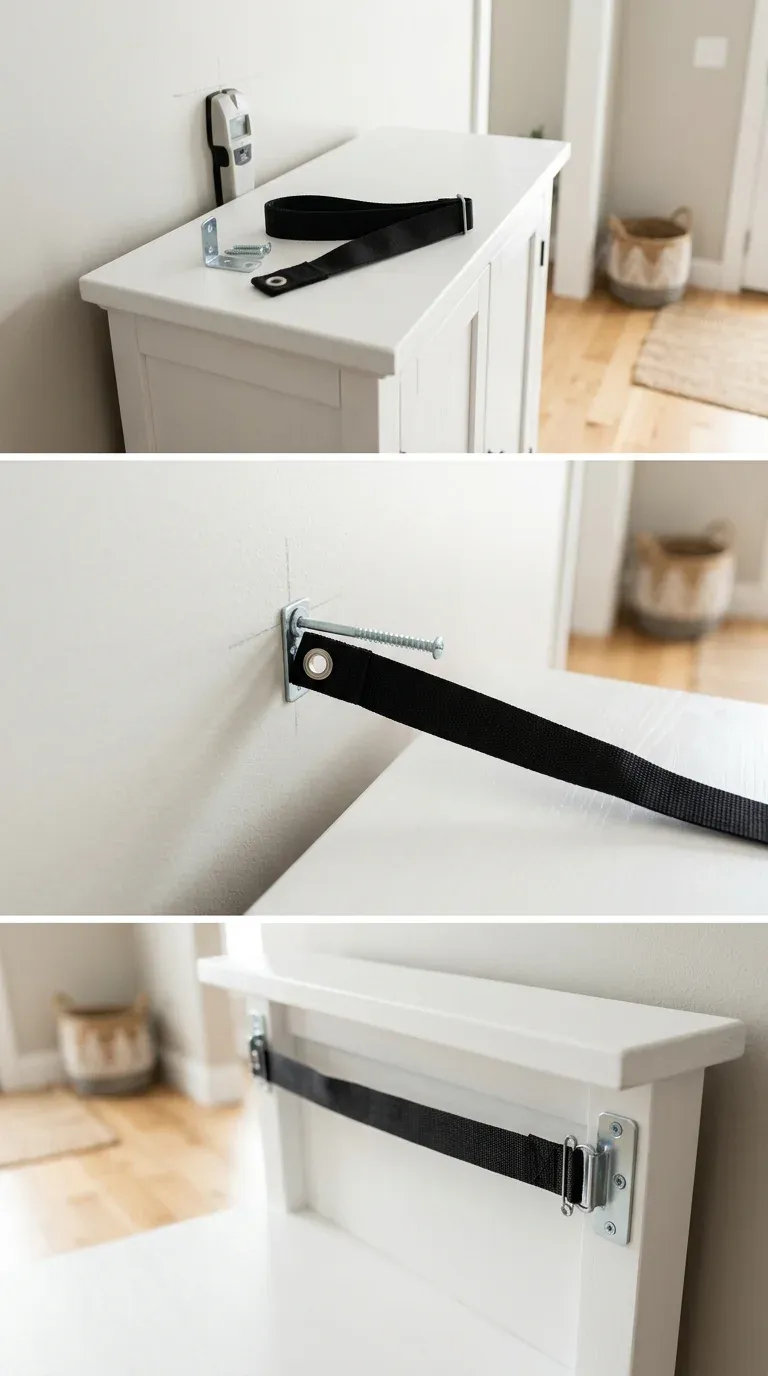 Step-by-step visual of mounting an anti-tip safety strap from a heavy white solid wood hall tree directly into a wall stud