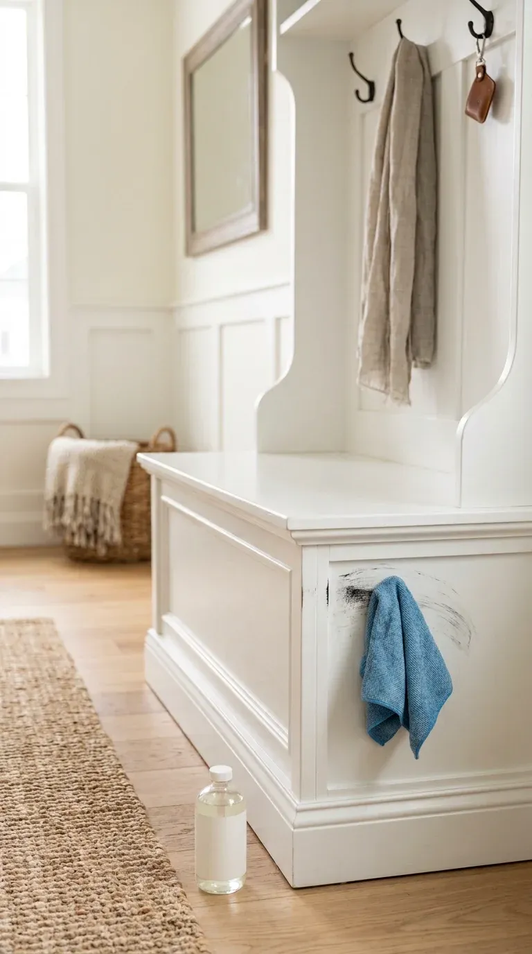 Close-up of a homeowner cleaning scuff marks off a semi-gloss white painted hall tree bench using a damp microfiber cloth and mild soap