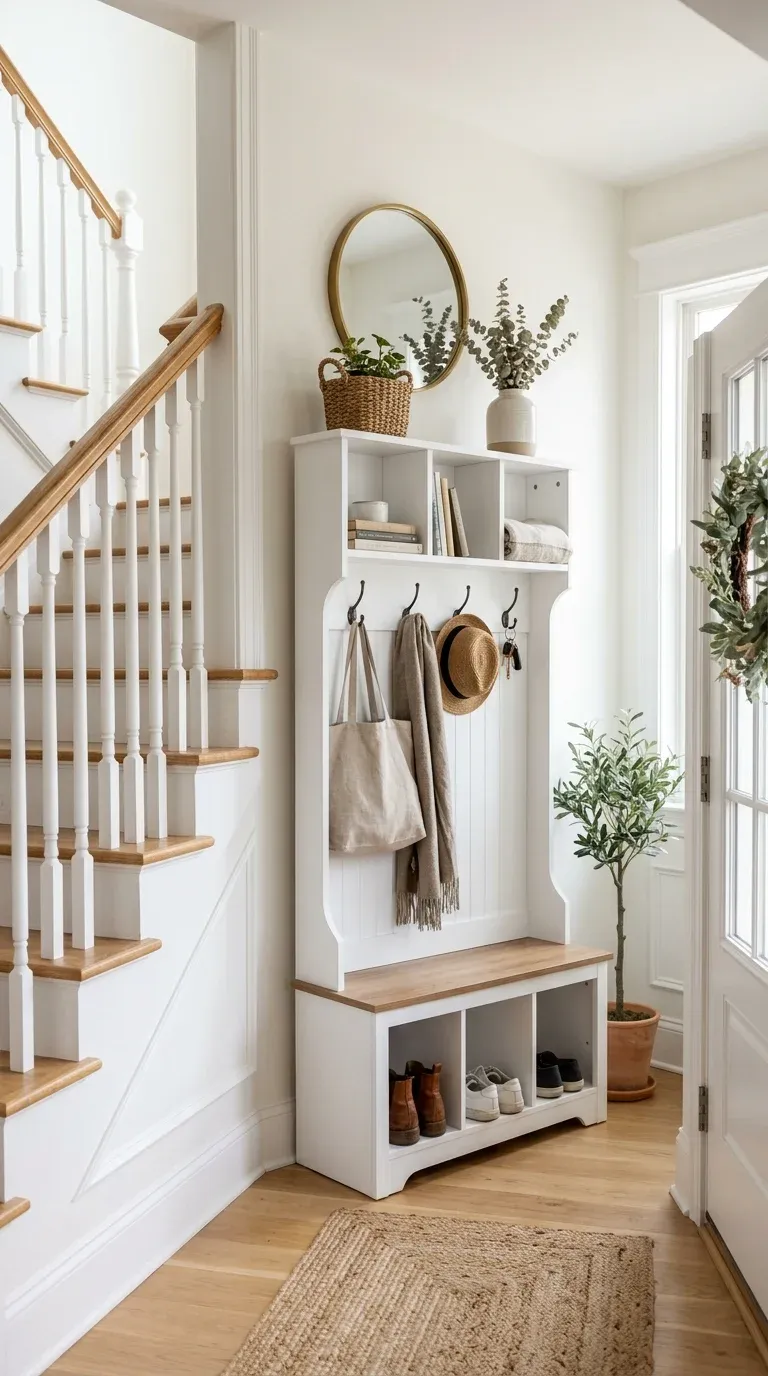 A narrow, bright white hall tree with top cubbies and bottom shoe cubbies tucked neatly into a small foyer corner next to a staircase