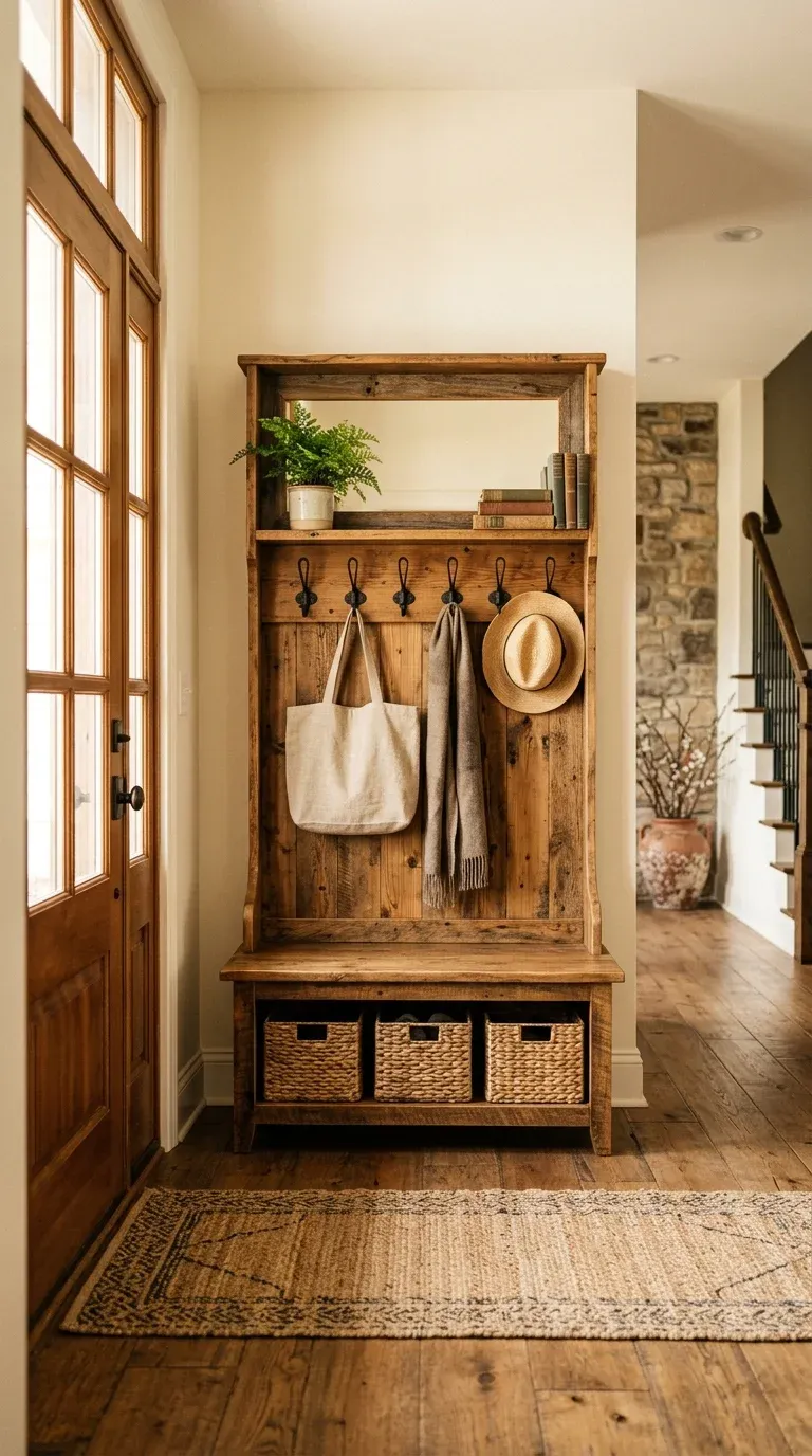 A beautiful rustic wood hall tree made of reclaimed pine, positioned in an entry foyer with warm natural light streaming through the front door windows