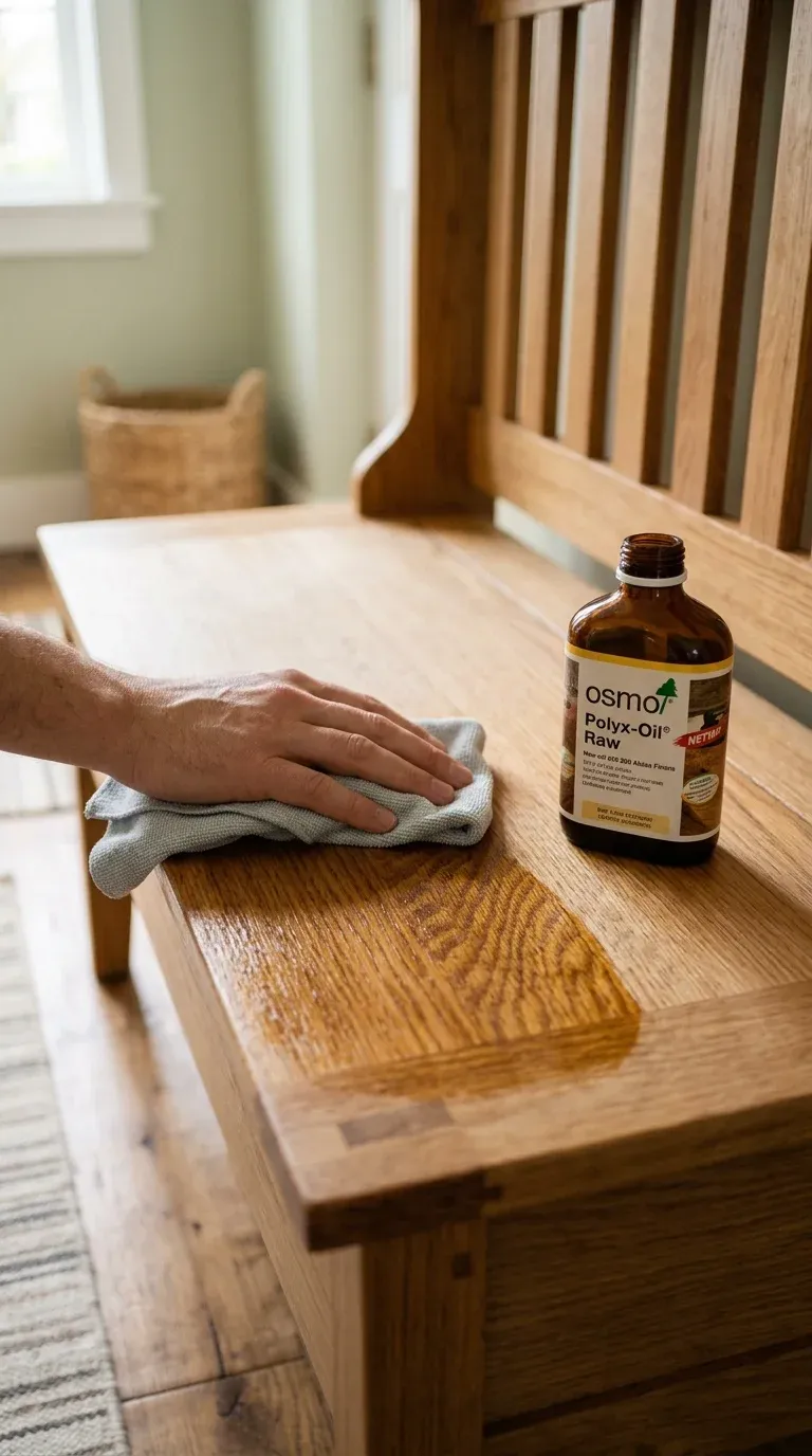 A hand applying natural oil-wax finish with a microfiber cloth to a solid oak hall tree bench, showing the rich grain enhancement