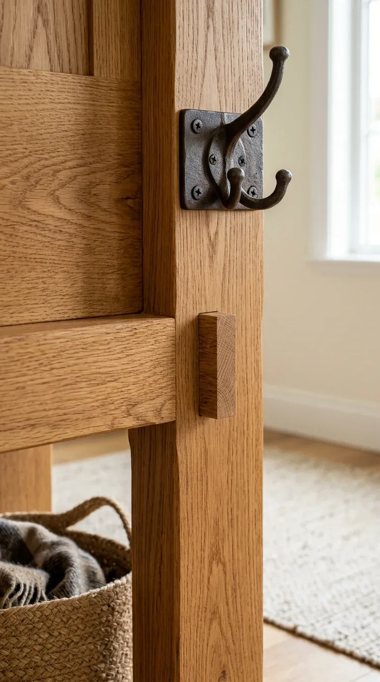 Close-up structural breakdown of a wooden hall tree showing the heavy-duty mortise and tenon joinery at the bench corner and cast-iron double hooks