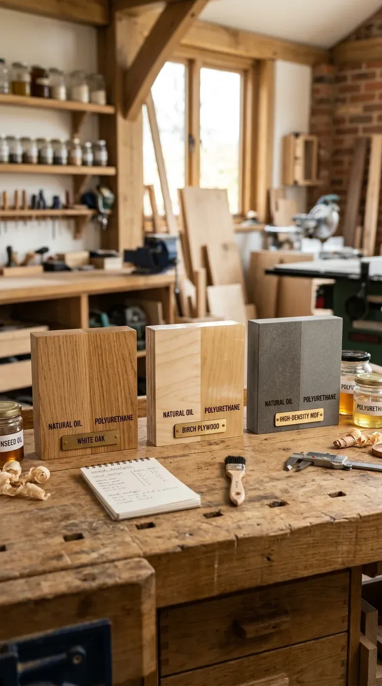 A wood scientist workshop showing samples of white oak, birch plywood, and high-density MDF with various natural oil and polyurethane finishes applied