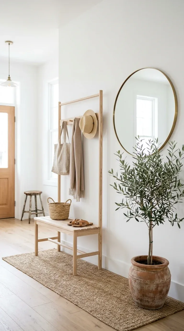An airy Scandinavian style entryway showcasing a minimalist light ash wood hall tree next to a large circular mirror and olive tree in a terracotta pot