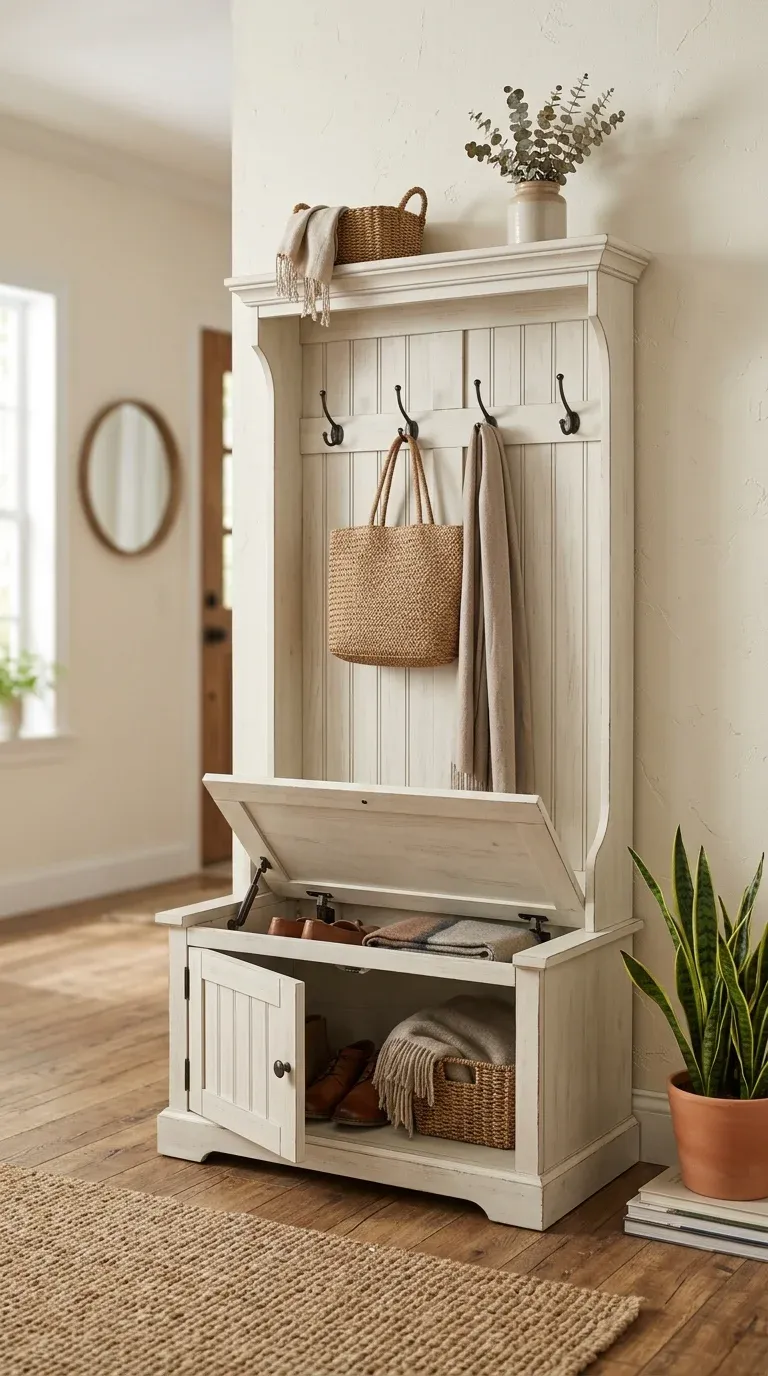 An editorial product photo of the Crosley Furniture Seaside Hall Tree in a distressed white finish with its drop-down bench storage door slightly open