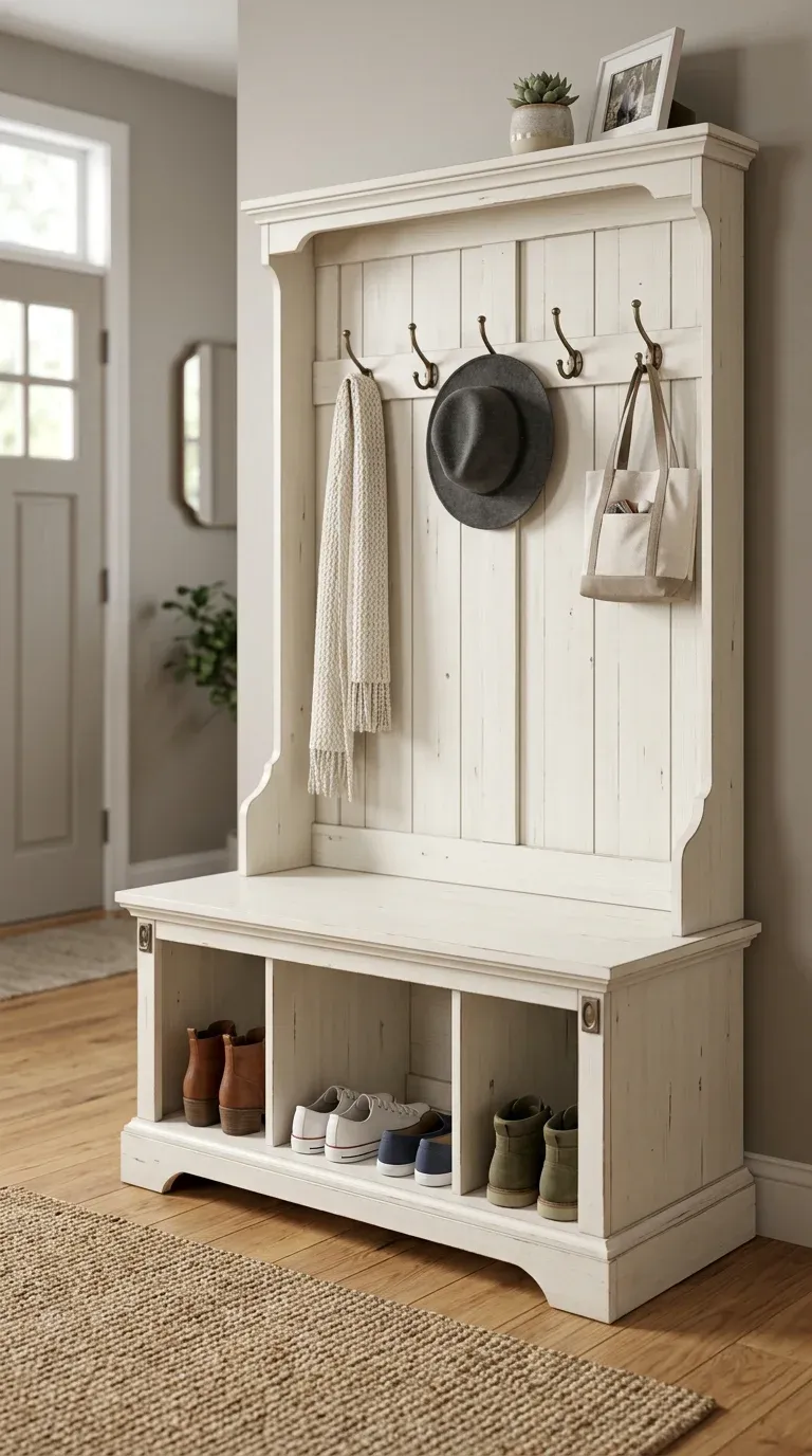 Product showcase of the Bush Furniture Salinas Hall Tree with Bench in Antique White, highlighting the open shoe cubbies underneath the bench seat