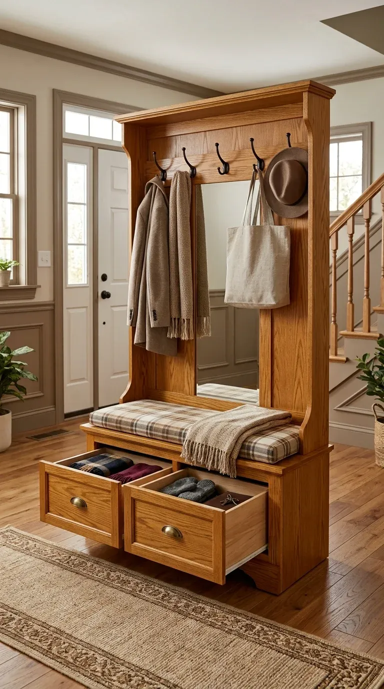 An editorial showcase of the Home Styles Americana Warm Oak Hall Tree in a rich golden oak stain with its large bottom storage drawers fully extended