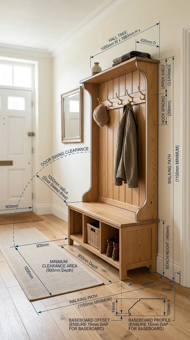 An architectural line drawing overlay showing the necessary spatial clearances for a hall tree, detailing door swings and baseboard offsets