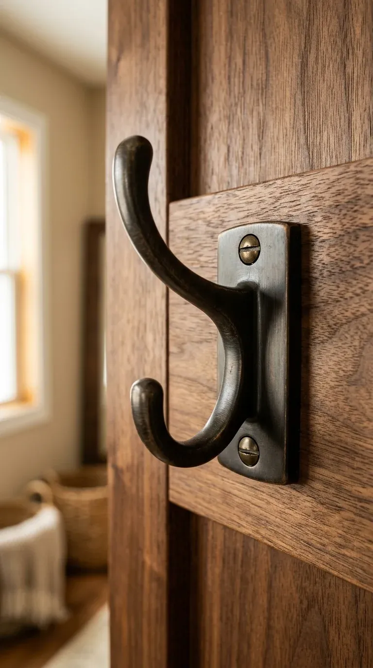 A detailed close-up of a high-quality metal double-pronged coat hook secured with dual wood screws into a solid walnut back panel