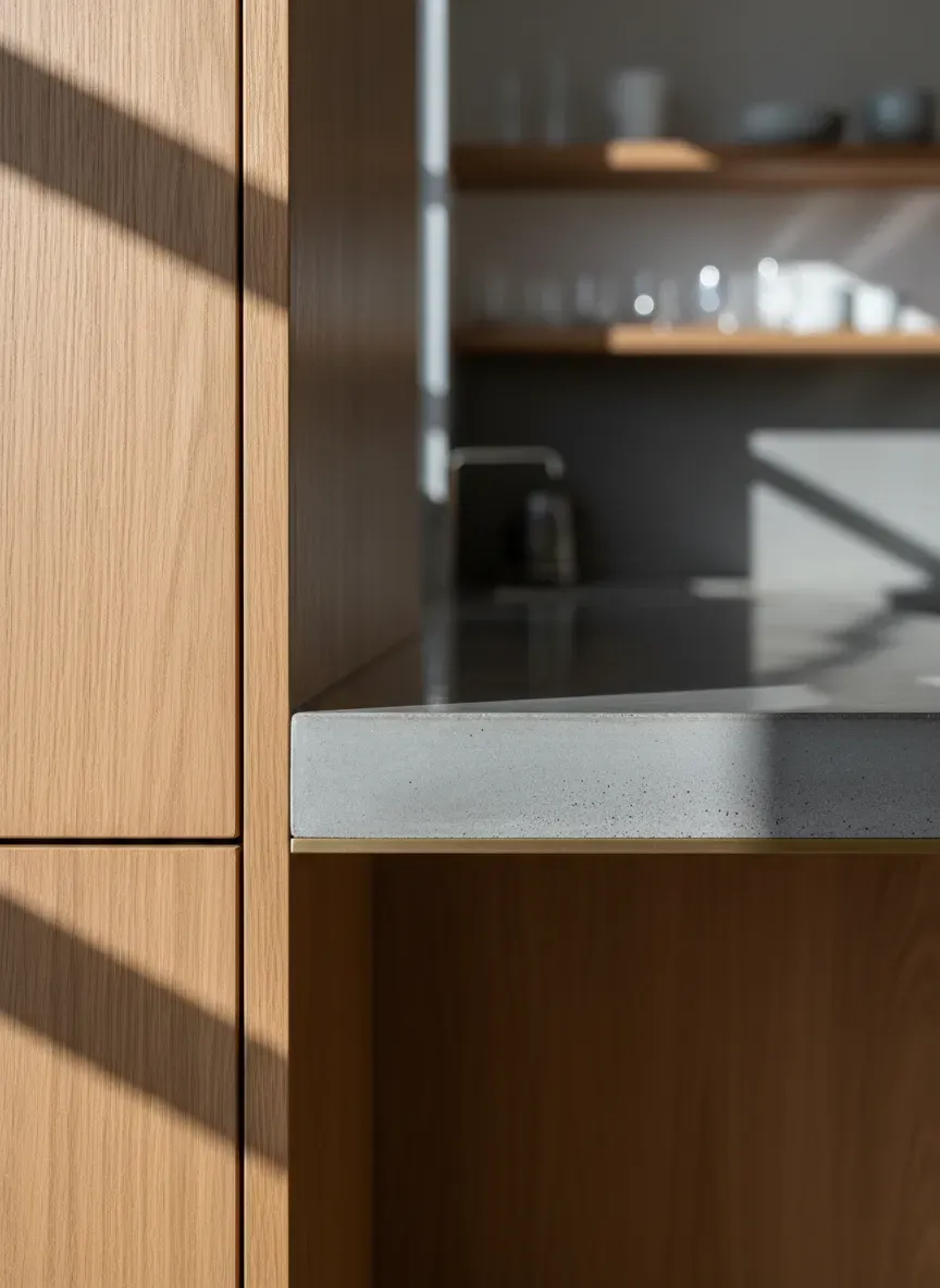 Detail shot of the joinery where the shallow upper cabinet meets the deeper bench countertop
