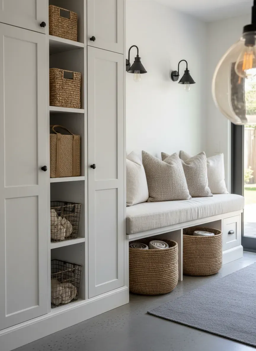 A styled mudroom showing the finished look with baskets, lighting, and a comfortable seating area