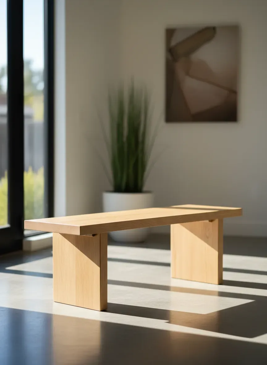 A sleek, solid white oak bench with block legs sitting in a sunlit concrete entryway