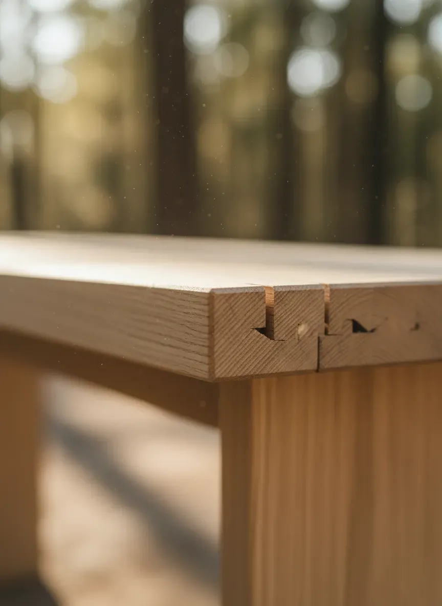 Close up detail of dovetail joinery on a raw wood bench edge