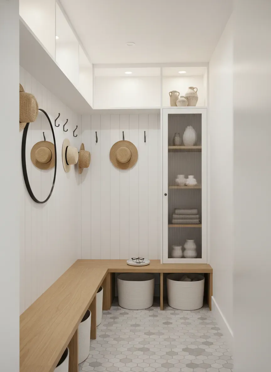 A beautifully organized, ultra-narrow custom mudroom build tucked into a hallway corner