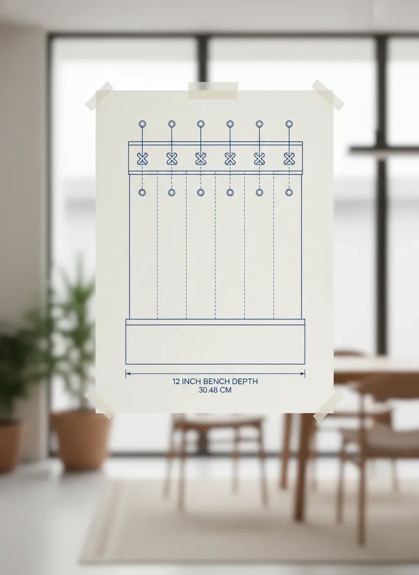 A detailed schematic showing 12-inch bench depth and staggered coat hooks