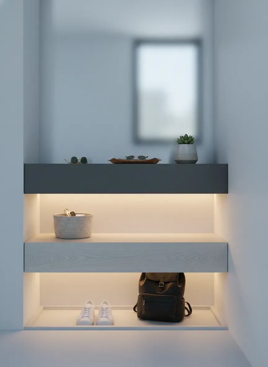 Low-voltage LED strip lighting illuminating a shallow entryway drop-zone