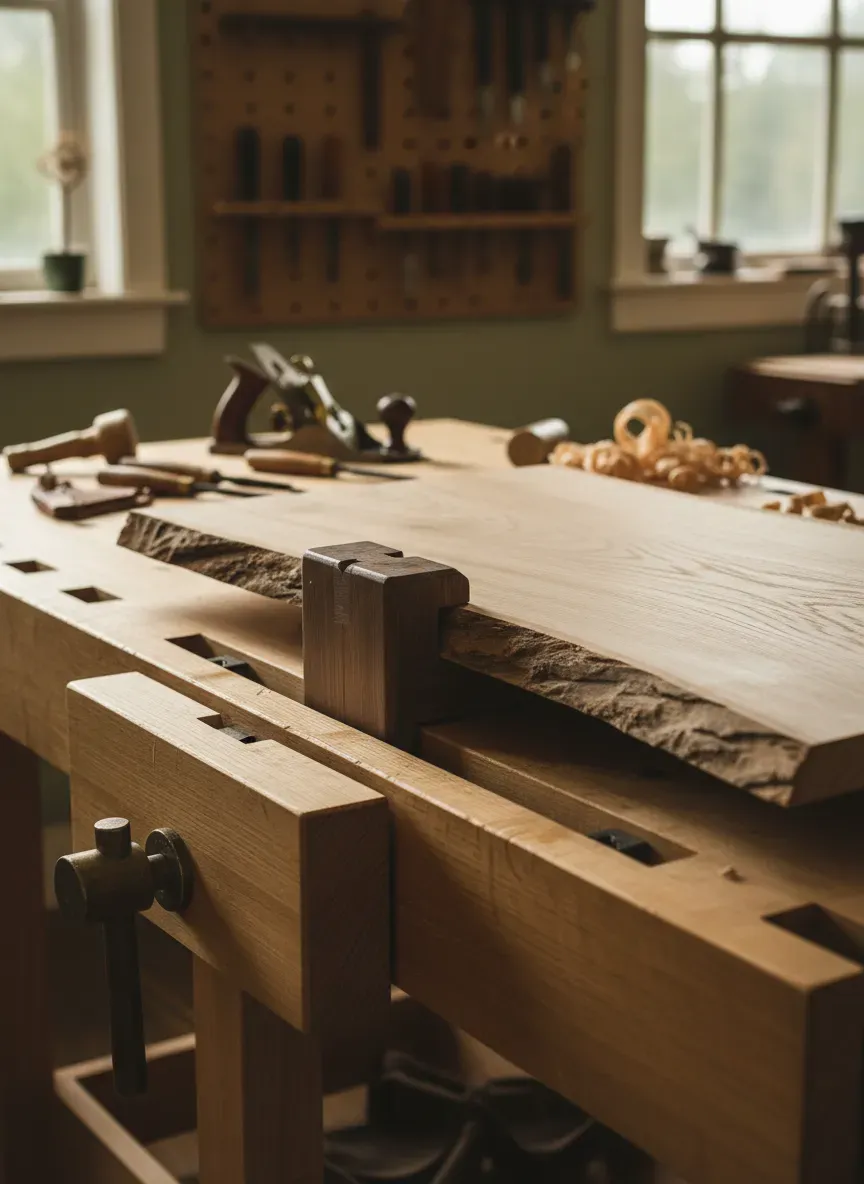 A traditional wooden sliding deadman supporting a wide oak slab on a Roubo workbench