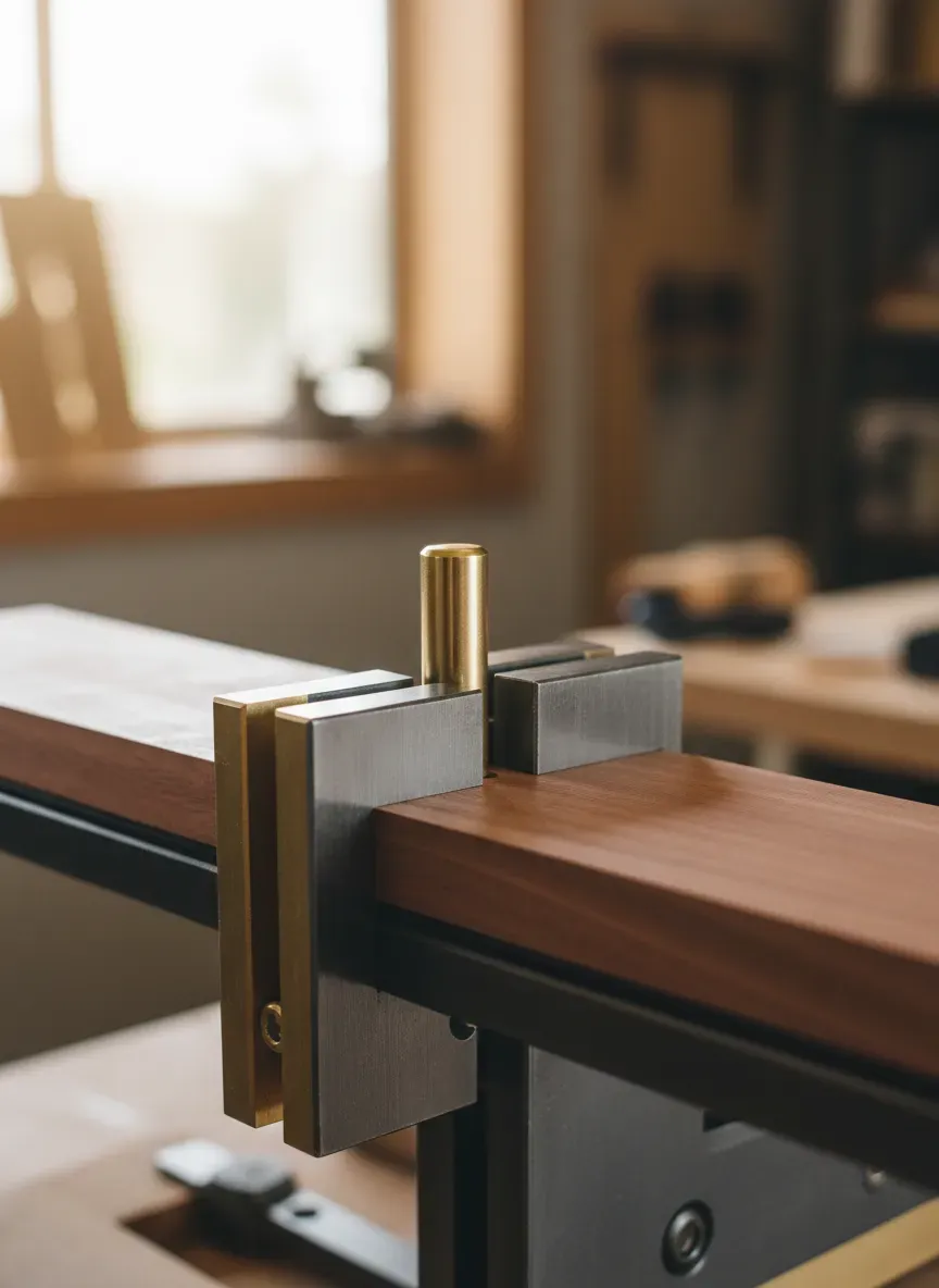 Close-up of a brass peg inserted into a sliding board jack, holding a piece of cherry wood perfectly level
