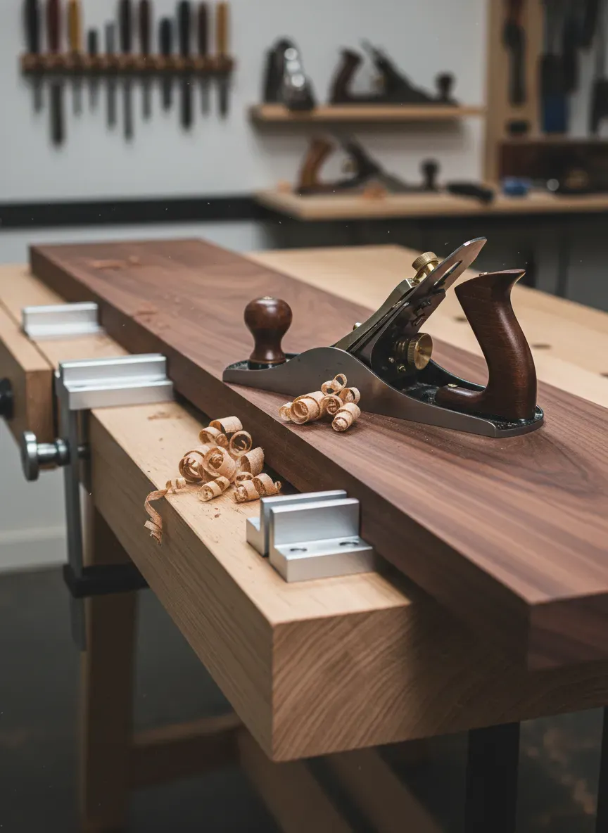 A woodworker using a No. 7 jointer plane on a long mahogany board supported by a modern T-track board jack system