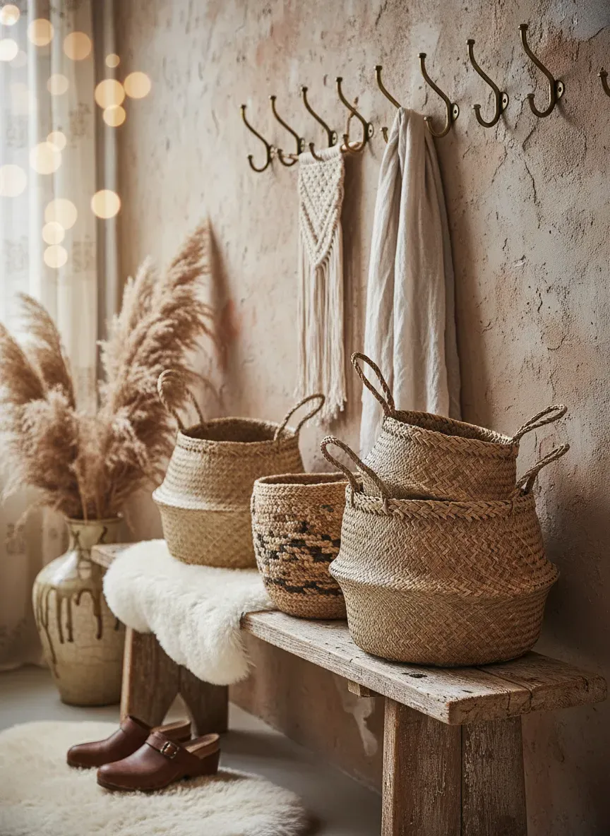Textural contrast in a boho mudroom featuring woven baskets and vintage brass hooks