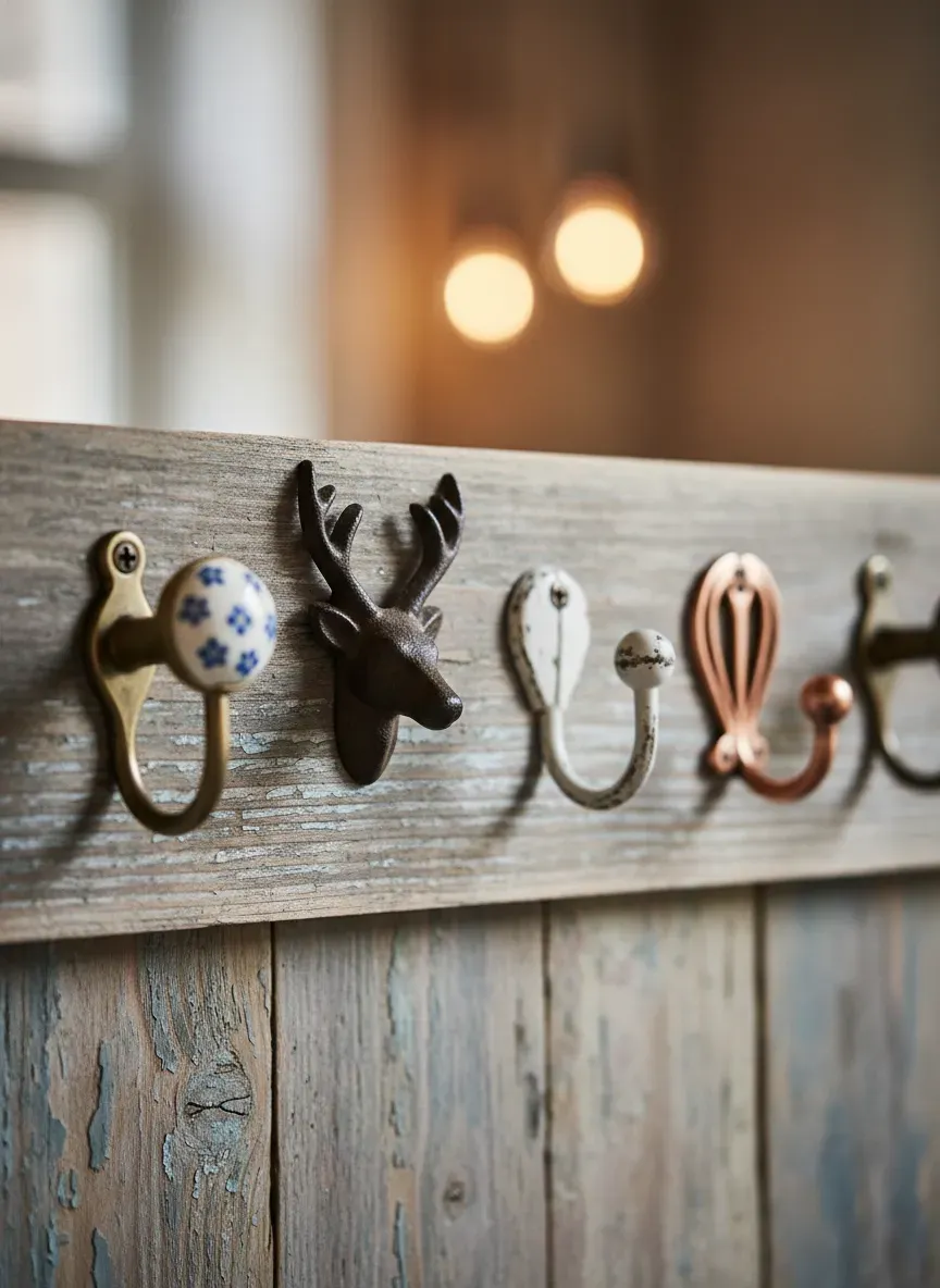 Close-up of mismatched vintage coat hooks on a reclaimed wood backer