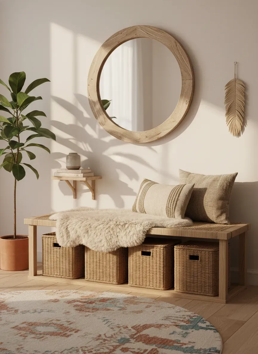 A perfectly balanced, clutter-free bohemian entryway with concealed woven storage