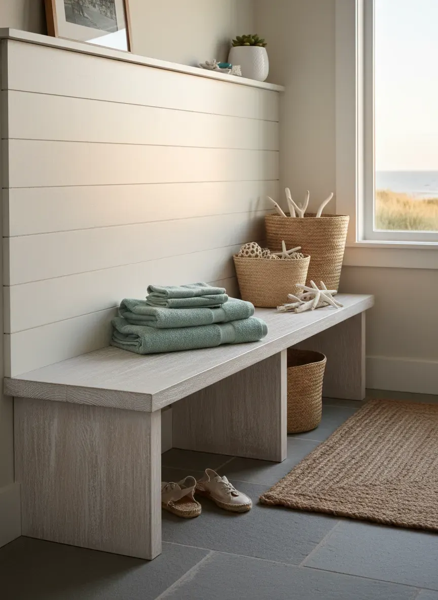 Detailed view of a coastal mudroom bench featuring cerused white oak and horizontal shiplap backing.