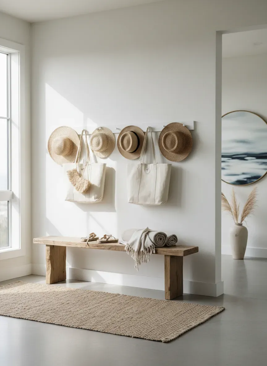 A well-lit, minimalist coastal entryway showcasing a weathered bench and a shaker peg rail lined with sun hats and canvas totes.