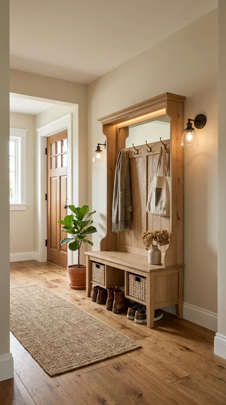 Original Photography: Real-world entryway setup with natural oak finish