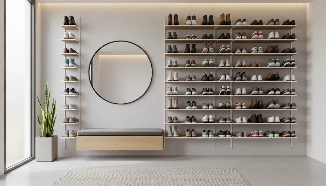 A modern entryway featuring wall mounted shoe racks maximizing vertical space