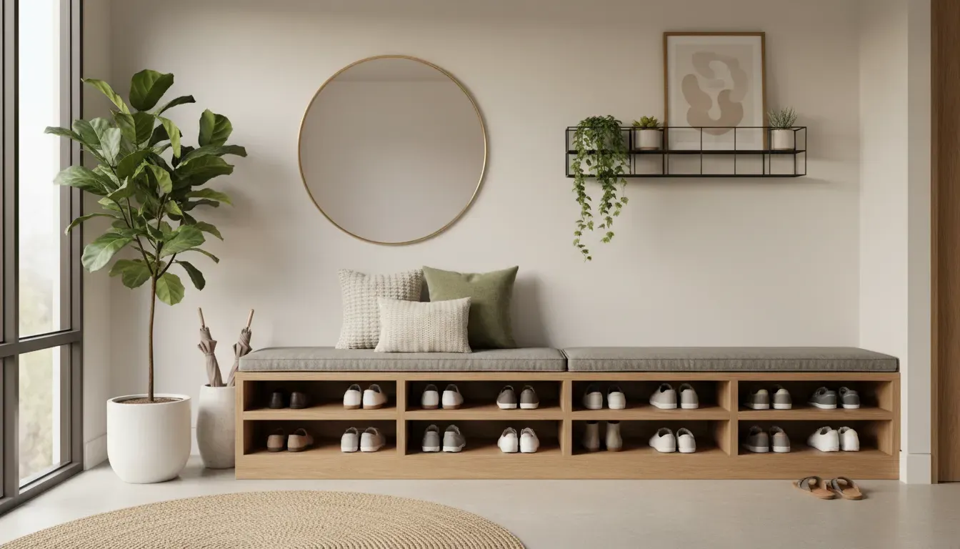 A stylishly decorated entryway with plants and organized shoe storage