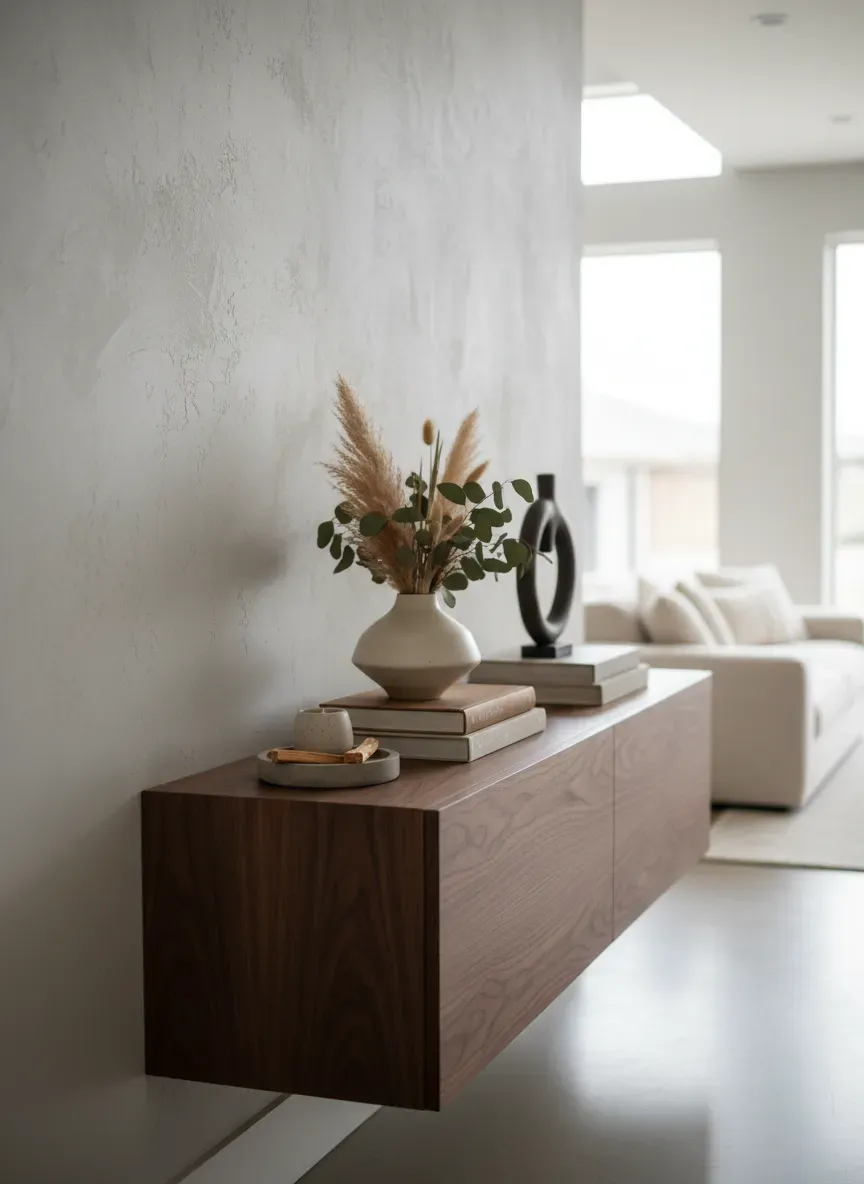 Finished walnut floating console with decor