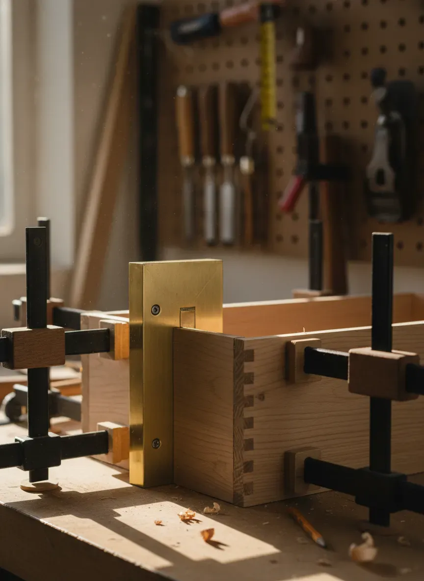Assembling the drawer box using a framing square to check for perfect 90-degree angles