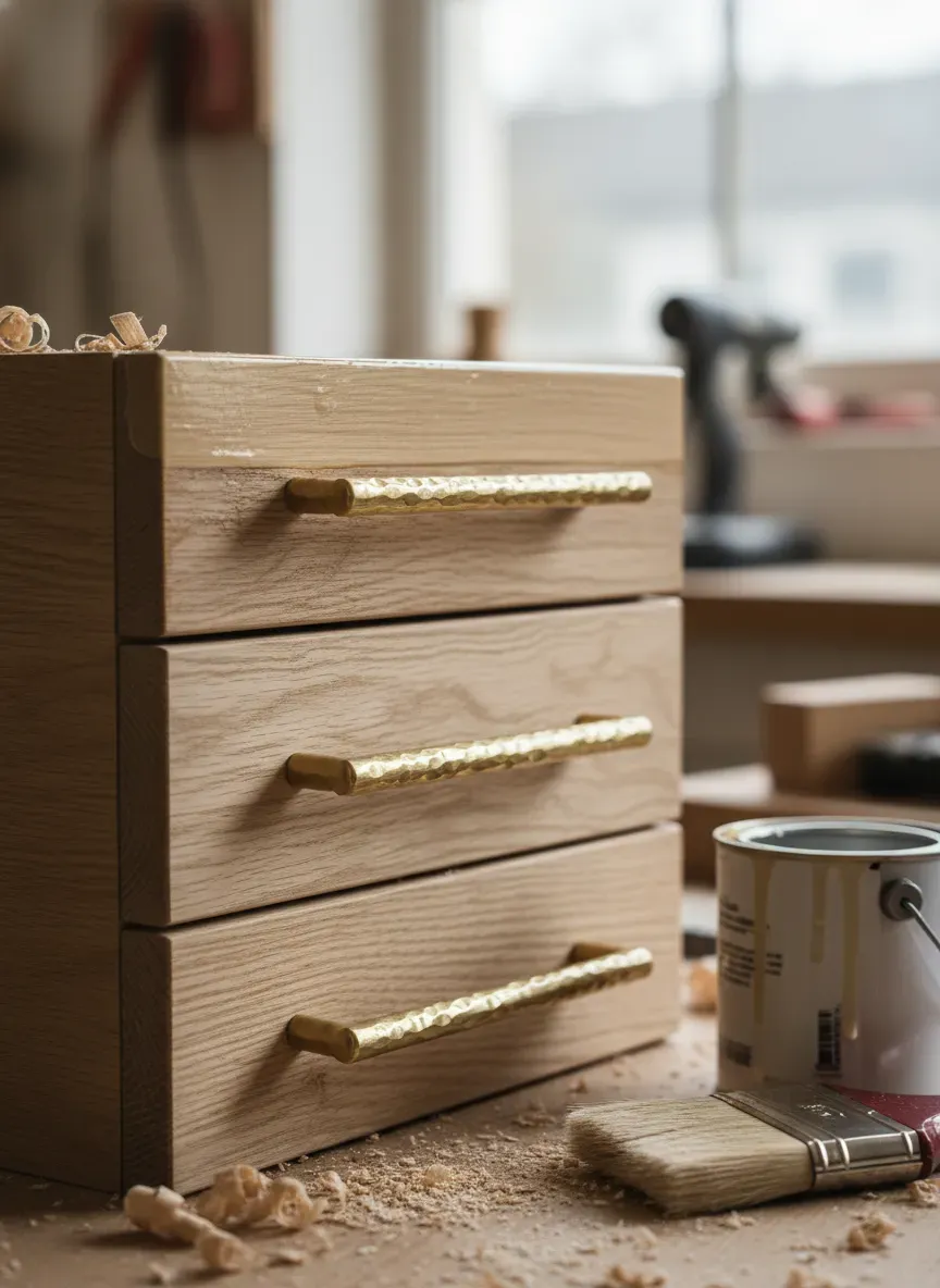 Installing custom drawer pulls and finishing the false fronts with a durable polyurethane