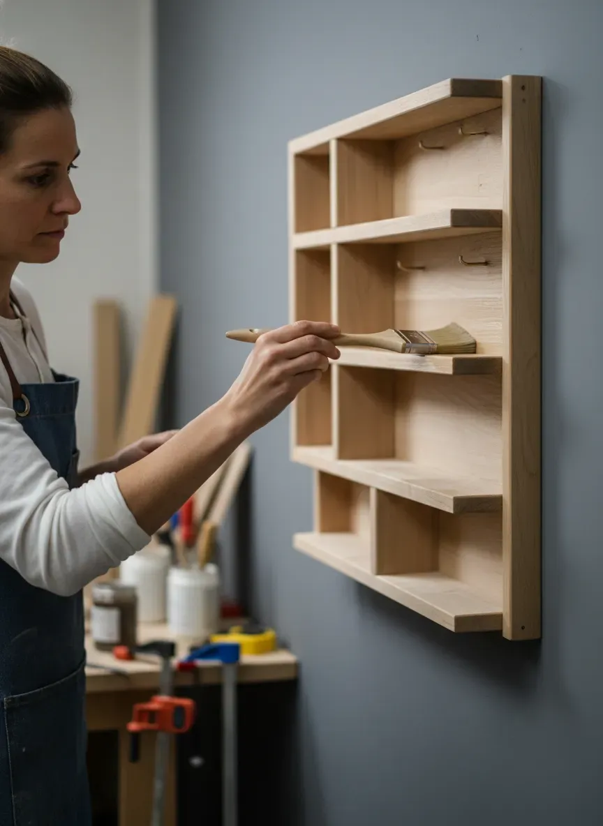 Applying a matte polyurethane finish to the completed wall organizer