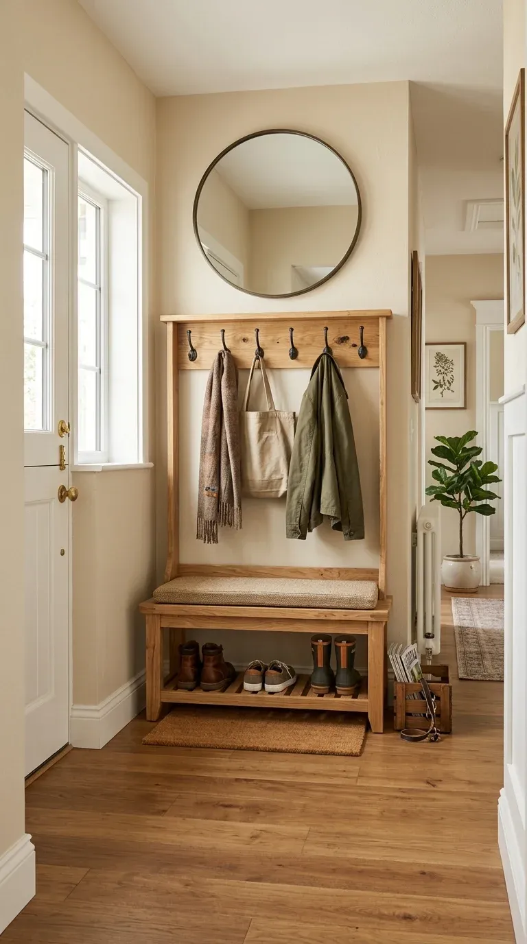 Original Photography: Real-world entryway setup with natural oak finish
