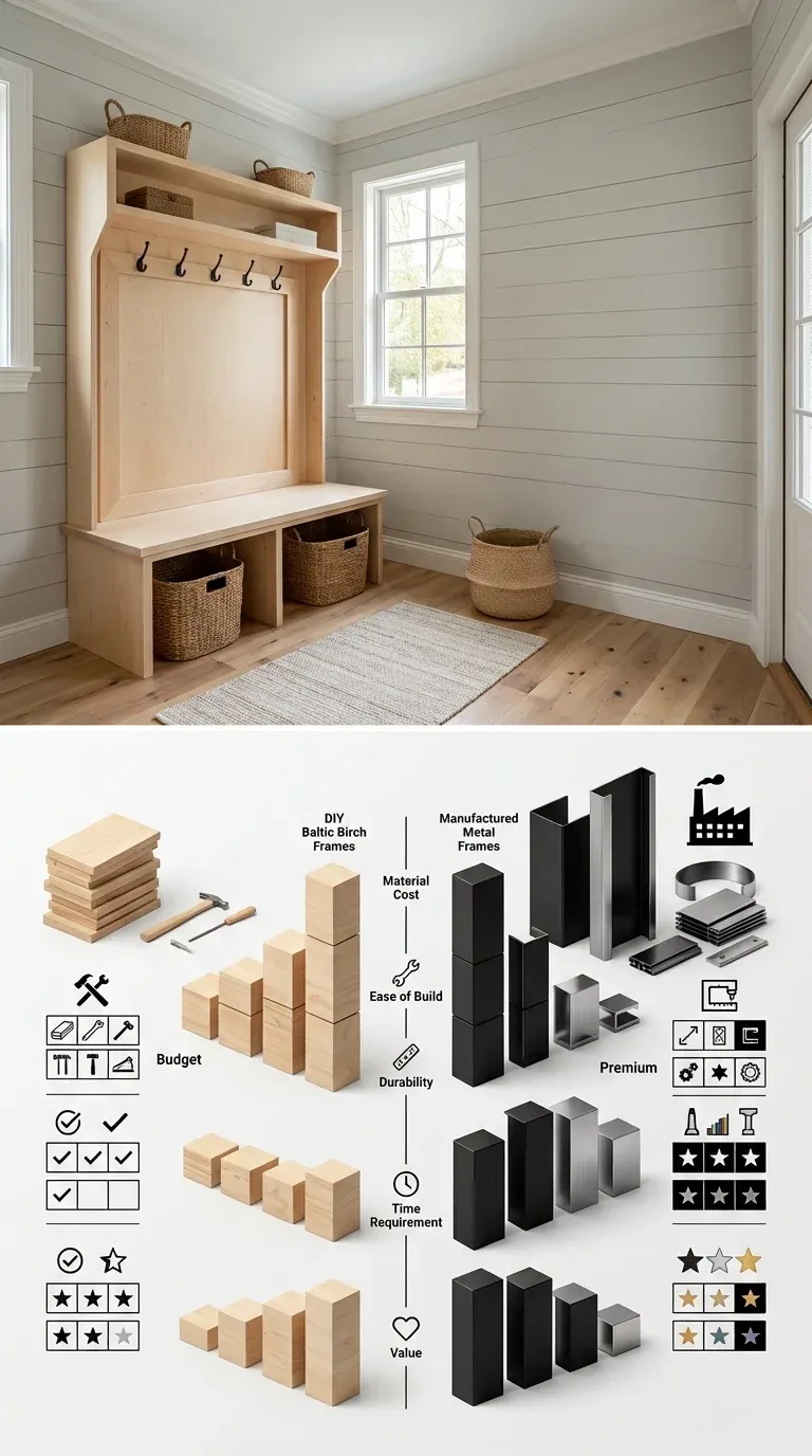 Comparison photo of DIY Baltic birch build vs manufactured metal-frame units