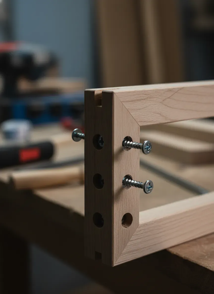 Detailed view of face frame joinery and pocket holes
