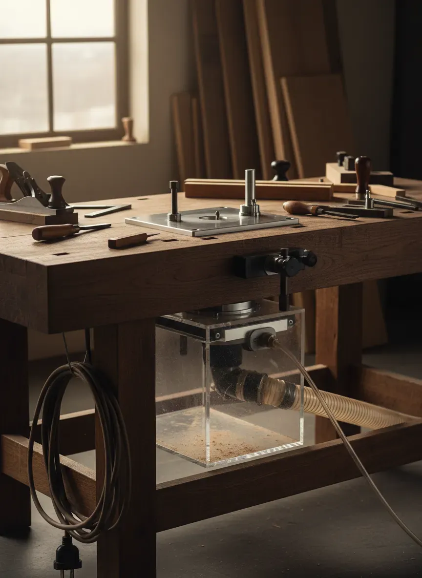 A massive hardwood workbench featuring an integrated aluminum router lift and custom dust collection box.