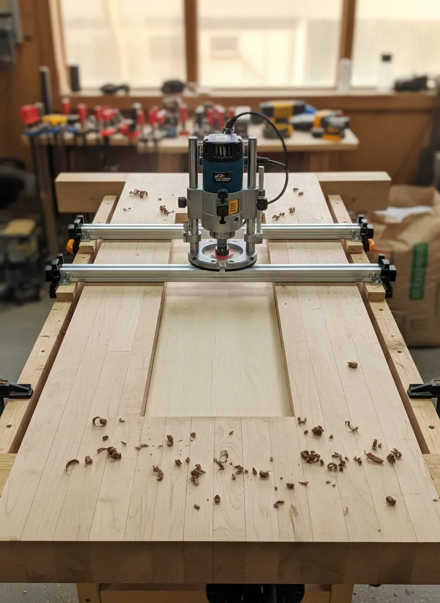 Overhead view of a router sled flattening a massive glued-up maple workbench top.